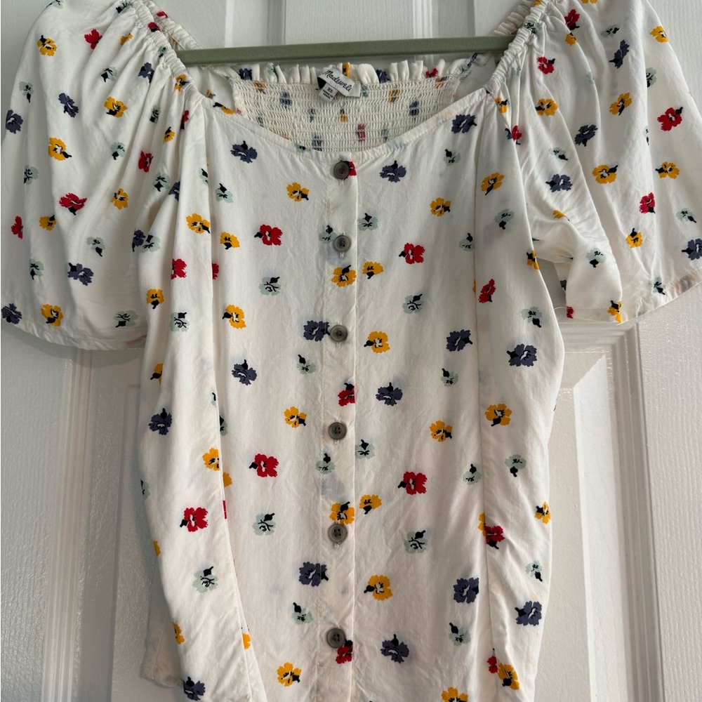 Madewell White Floral Puff Sleeve Blouse